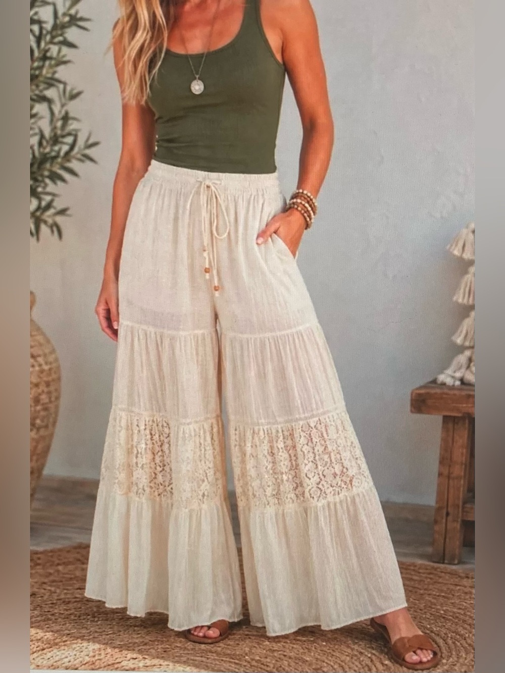 Young Threads Boho Lace-Panel Wide-Leg Pants - Cream